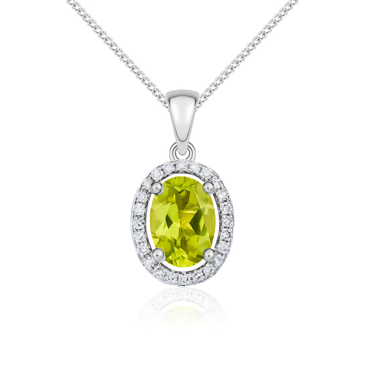 9ct White Gold Oval Natural Peridot & Diamond Halo Cluster Pendant — 7x5mm