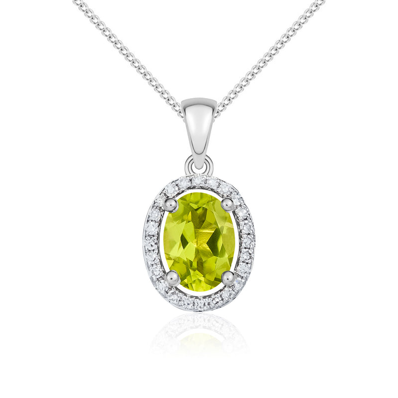 9ct White Gold Oval Natural Peridot & Diamond Halo Cluster Pendant — 7x5mm
