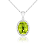 9ct White Gold Oval Natural Peridot & Diamond Claw Cluster Pendant — 8x6mm