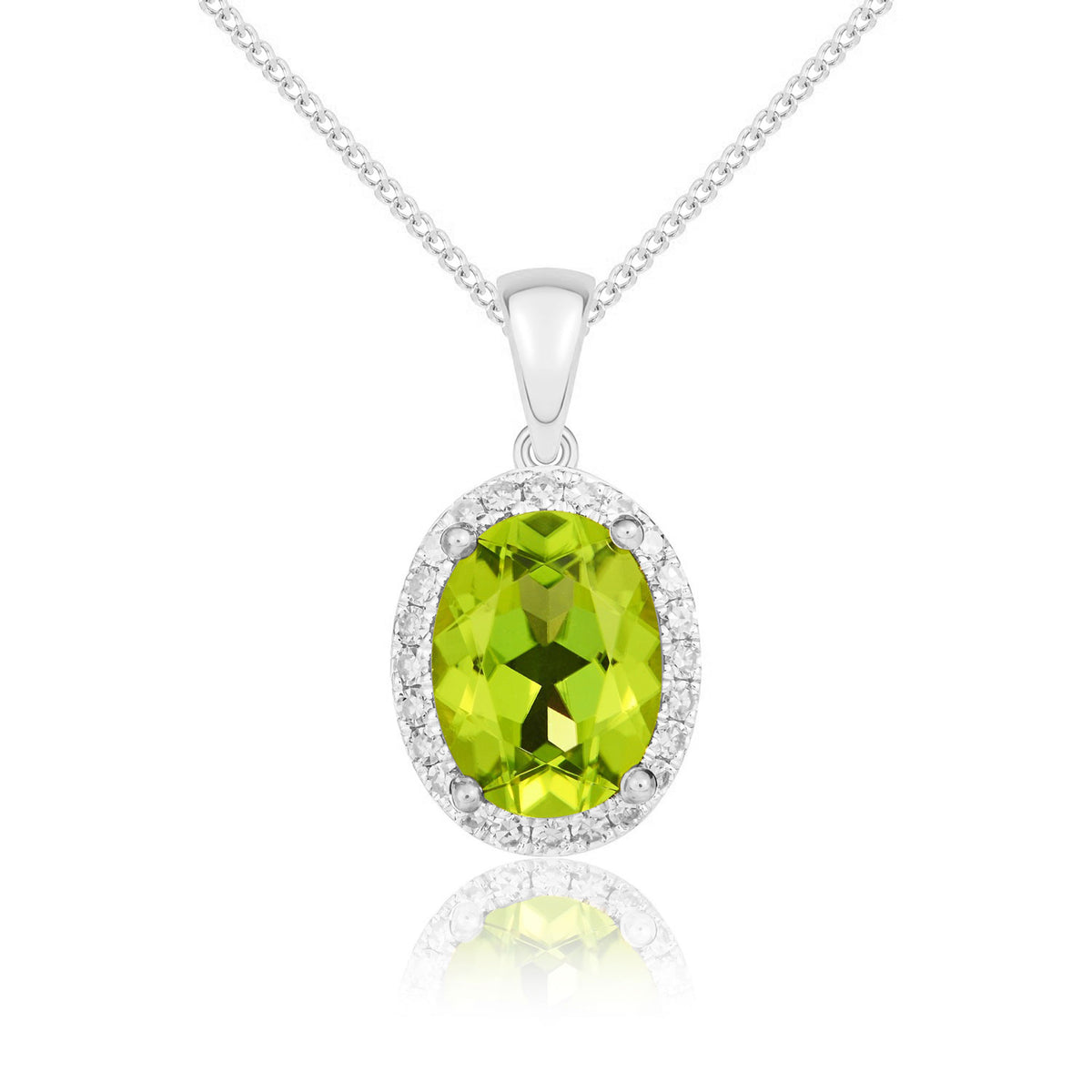 9ct White Gold Oval Natural Peridot & Diamond Claw Cluster Pendant — 8x6mm