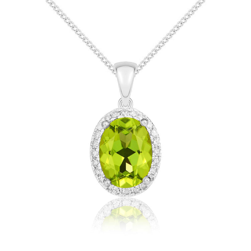 9ct White Gold Oval Natural Peridot & Diamond Claw Cluster Pendant — 8x6mm