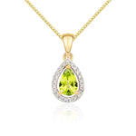9ct Yellow Gold Pear Natural Peridot & Diamond Halo Cluster Pendant — 6x4mm