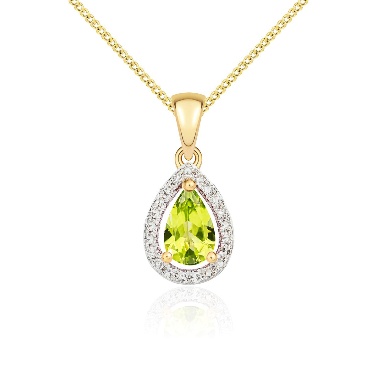 9ct Yellow Gold Pear Natural Peridot & Diamond Halo Cluster Pendant — 6x4mm
