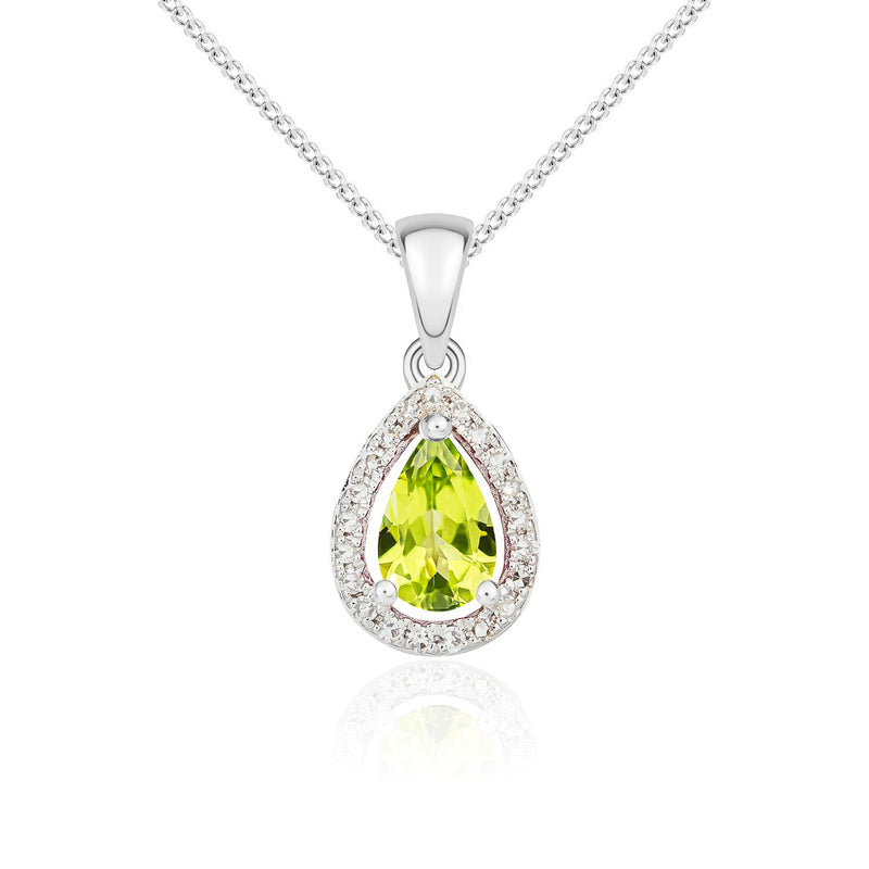 9ct White Gold Pear Natural Peridot & Diamond Halo Cluster Pendant — 6x4mm