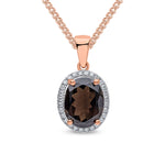 9ct Rose Gold Oval Natural Smoky Quartz & Diamond Claw Cluster Pendant — 10x8mm