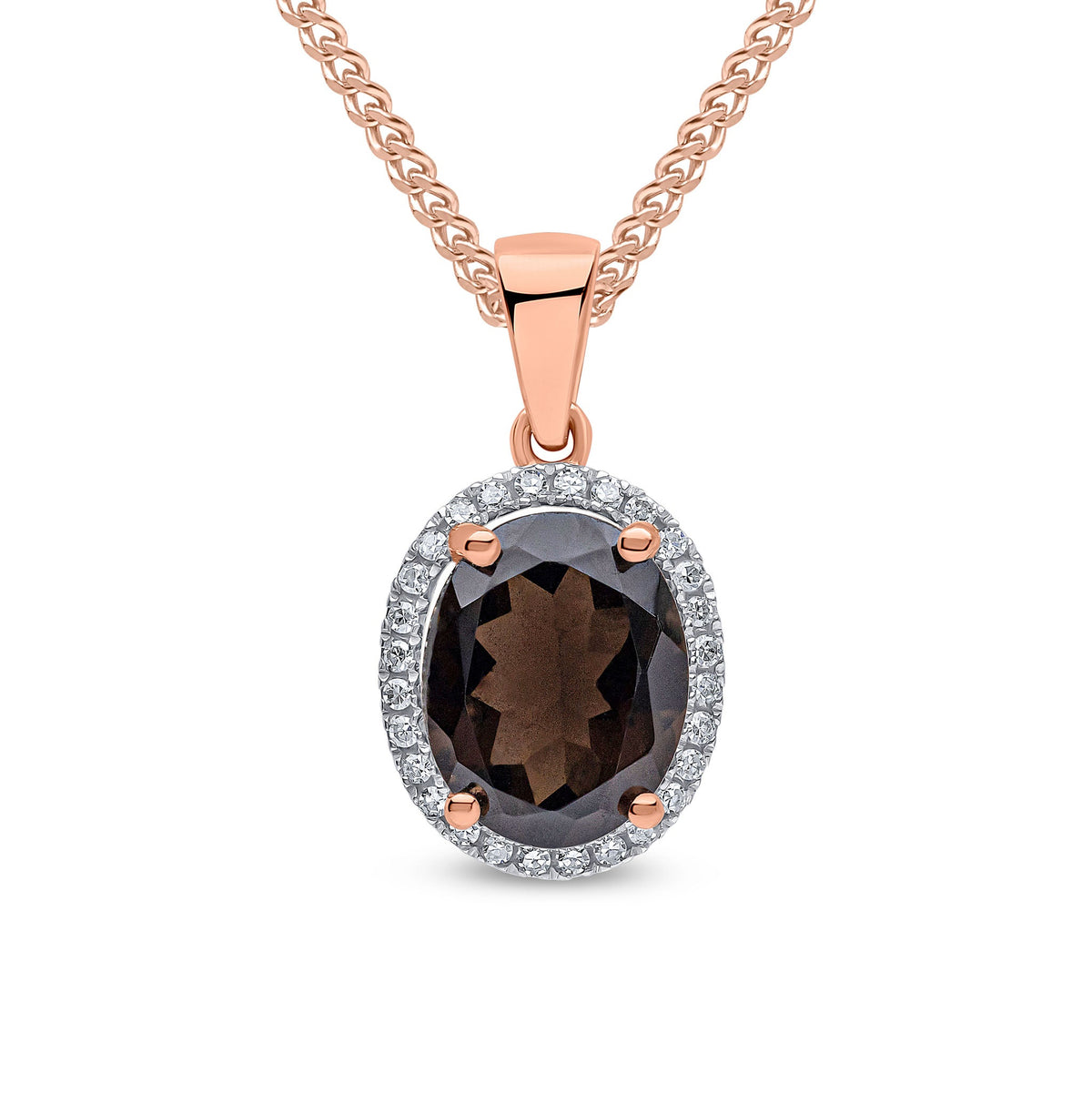 9ct Rose Gold Oval Natural Smoky Quartz & Diamond Claw Cluster Pendant — 10x8mm