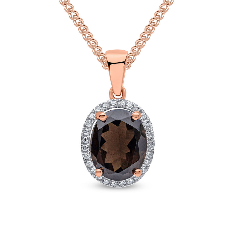 9ct Rose Gold Oval Natural Smoky Quartz & Diamond Claw Cluster Pendant — 10x8mm