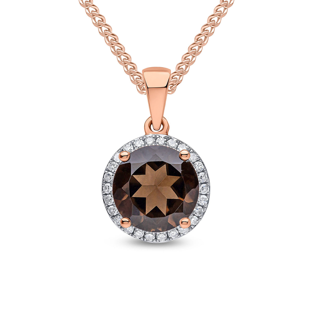 9ct Rose Gold Round Natural Smoky Quartz & Diamond Claw Cluster Pendant — 8mm