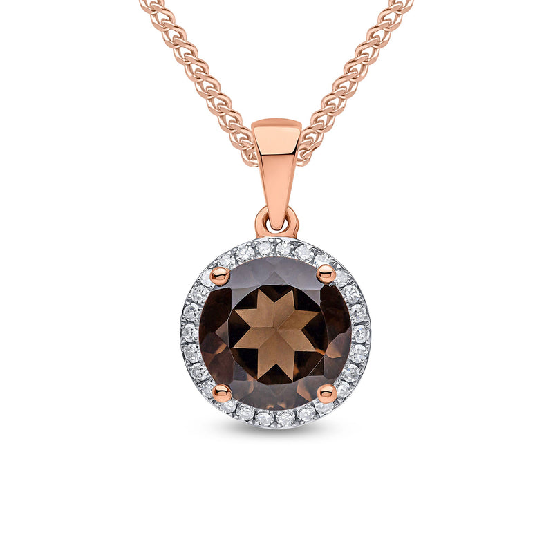 9ct Rose Gold Round Natural Smoky Quartz & Diamond Claw Cluster Pendant — 8mm