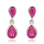 9ct White Gold Pear Shaped Natural Ruby Two Stone Rubover Drop Earrings