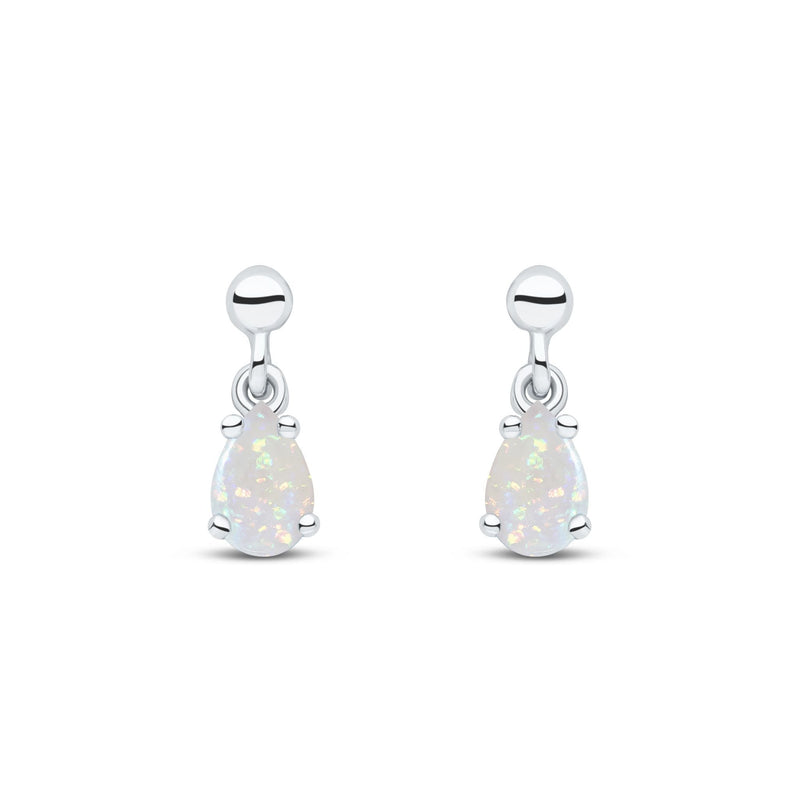 9ct White Gold Pear Shaped Natural Opal Claw Drop Earrings — 6x4mm