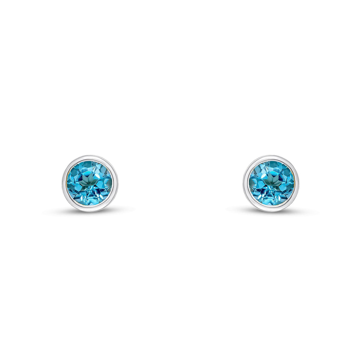9ct White Gold Round Natural Swiss Blue Topaz Rubover Stud Earrings — 4mm