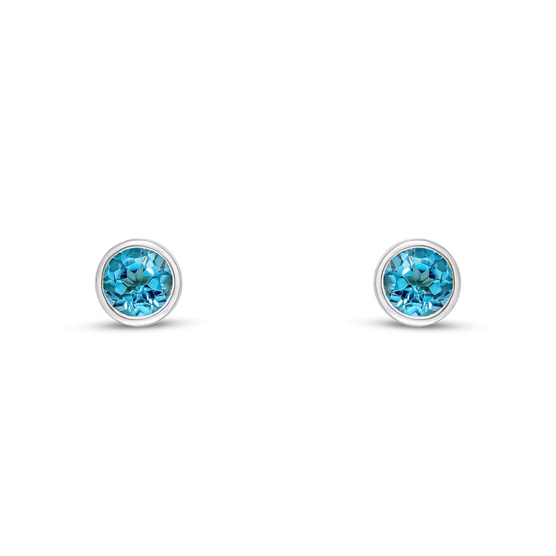 9ct White Gold Round Natural Swiss Blue Topaz Rubover Stud Earrings — 4mm