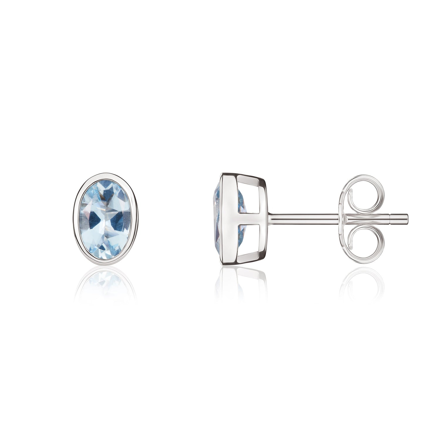 9ct White Gold Oval Natural Aquamarine Rubover Stud Earrings — 6x4mm