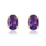 9ct Yellow Gold Oval Natural Amethyst Claw Stud Earrings — 7x5mm