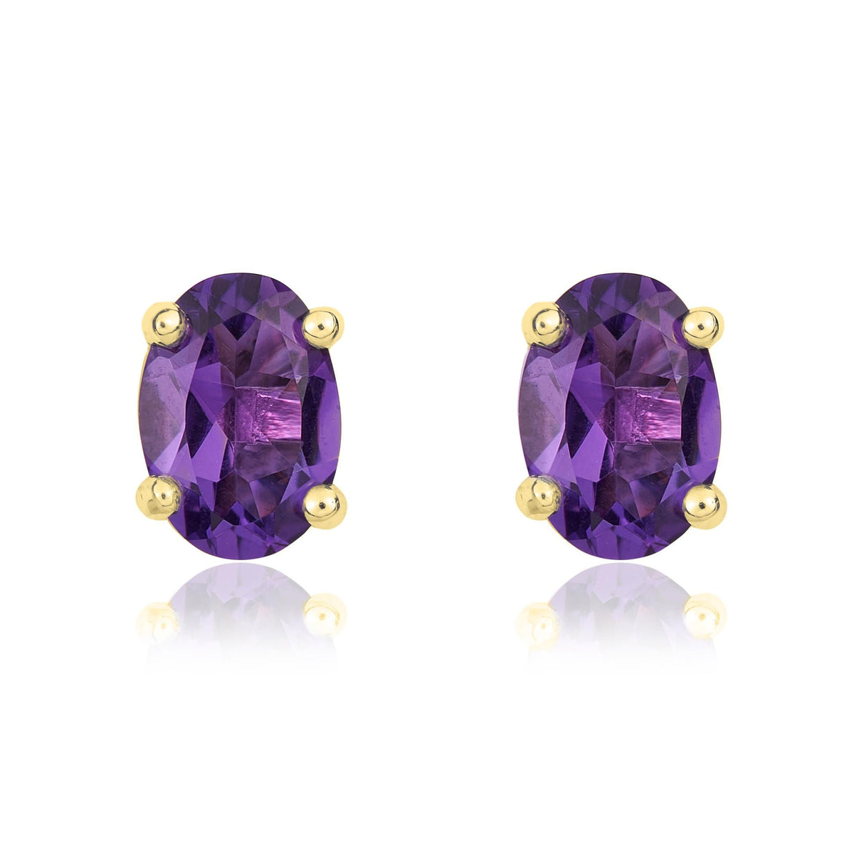 9ct Yellow Gold Oval Natural Amethyst Claw Stud Earrings — 7x5mm