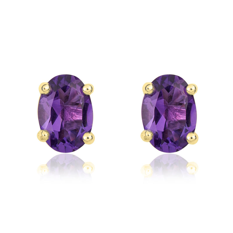9ct Yellow Gold Oval Natural Amethyst Claw Stud Earrings — 7x5mm