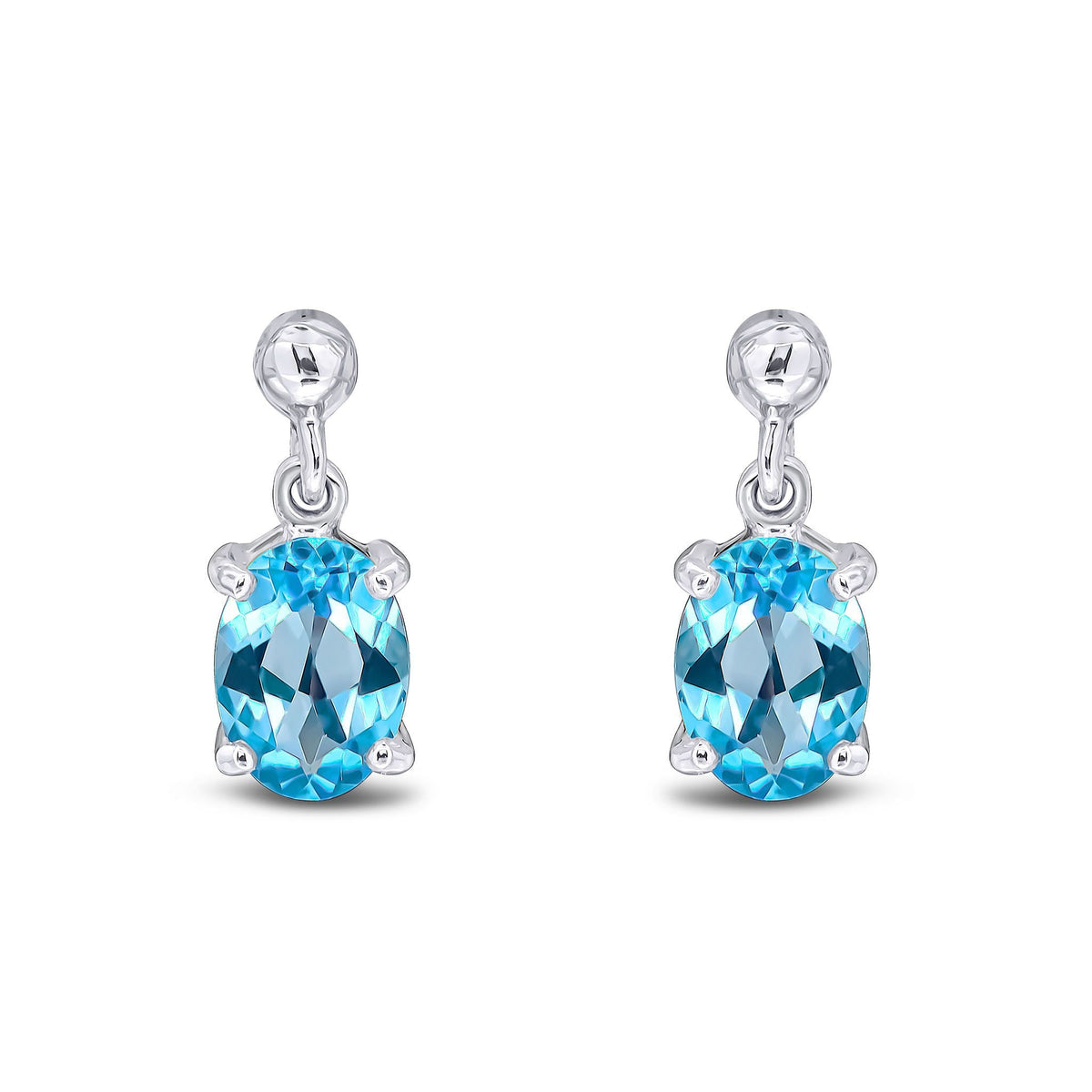 9ct White Gold Oval Natural Swiss Blue Topaz Claw Drop Earrings — 7x5mm
