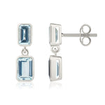 9ct White Gold Octagonal Emerald cut Natural Aquamarine Double Stone Rubover Drop Earrings