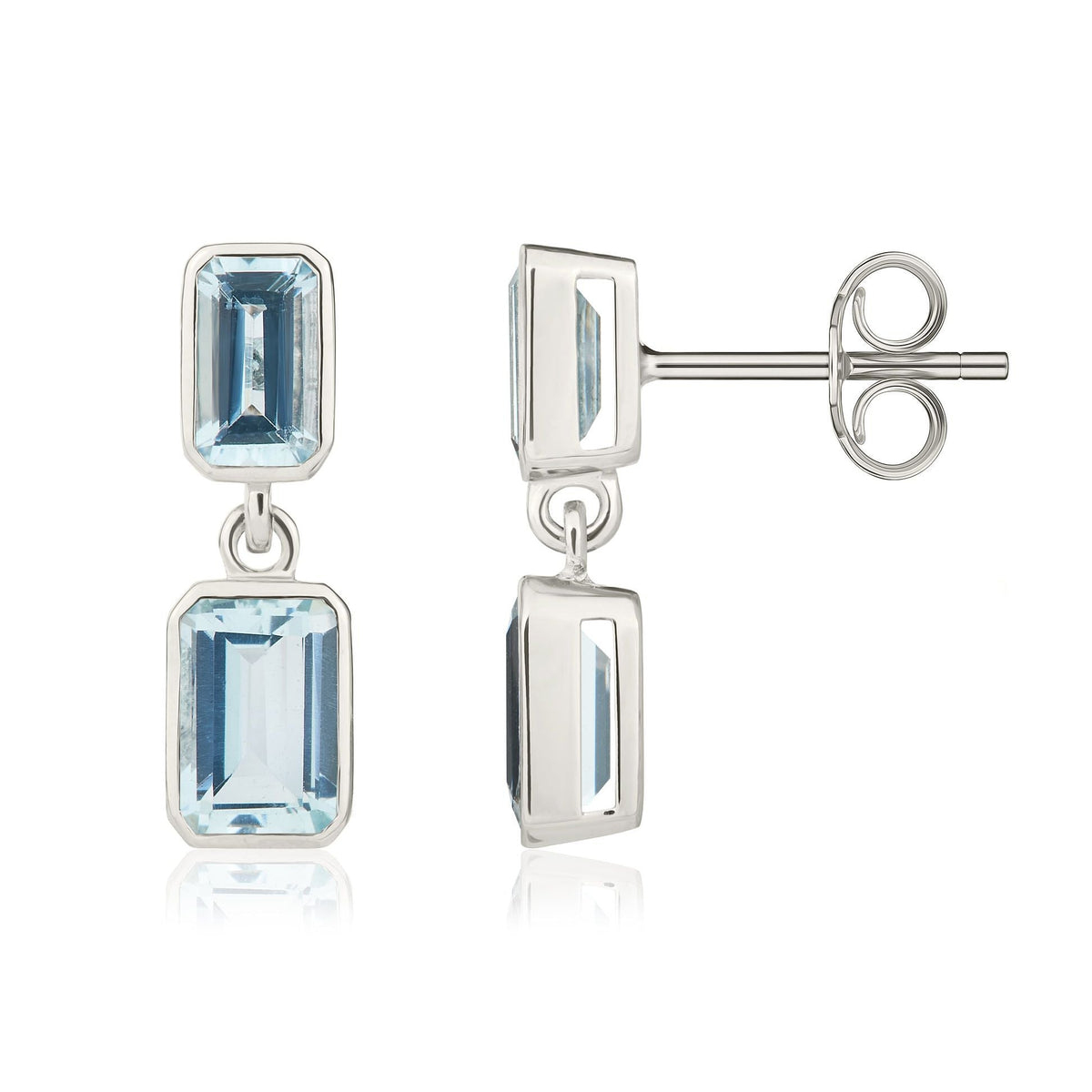 9ct White Gold Octagonal Emerald cut Natural Aquamarine Double Stone Rubover Drop Earrings