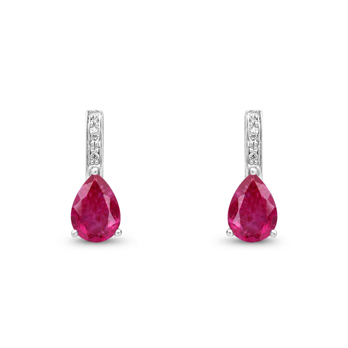9ct White Gold Pear Shaped Natural Ruby & Diamond Drop Earrings — 7x5mm