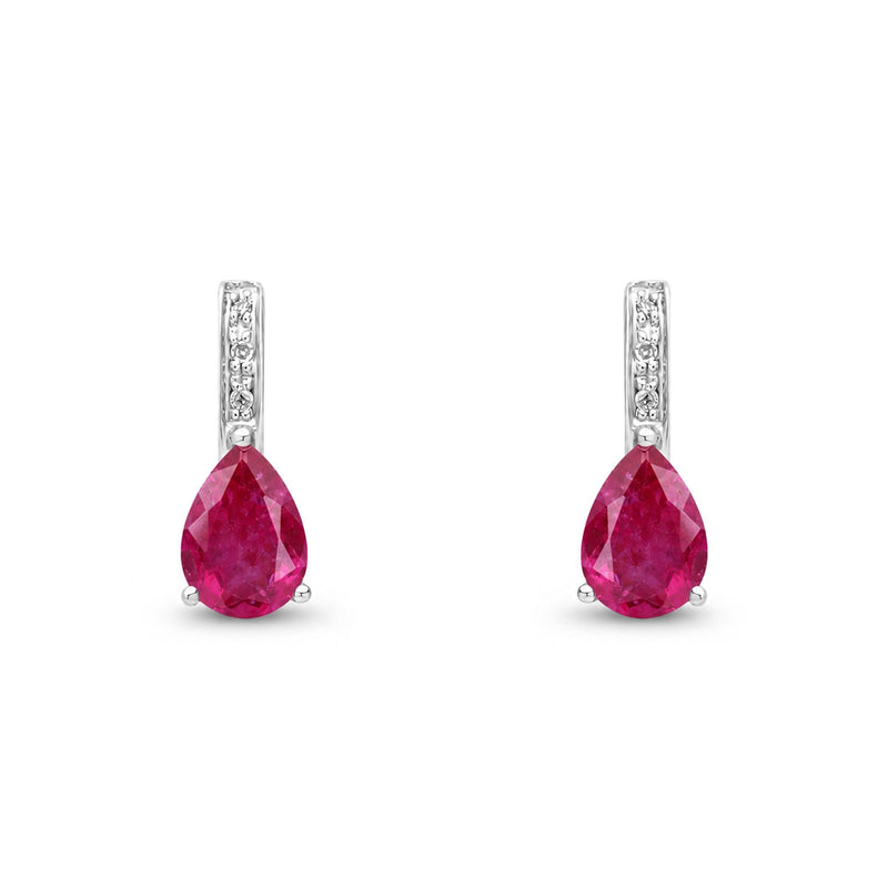 9ct White Gold Pear Shaped Natural Ruby & Diamond Drop Earrings — 7x5mm
