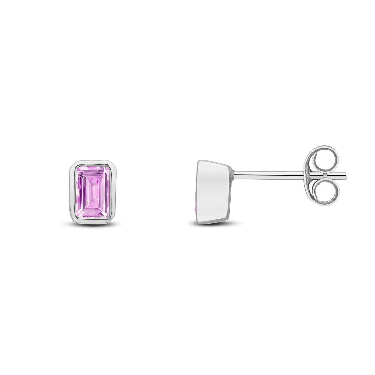 9ct White Gold Octagonal Emerald Cut Natural Pink Sapphire Rubover Stud Earrings — 5x3mm