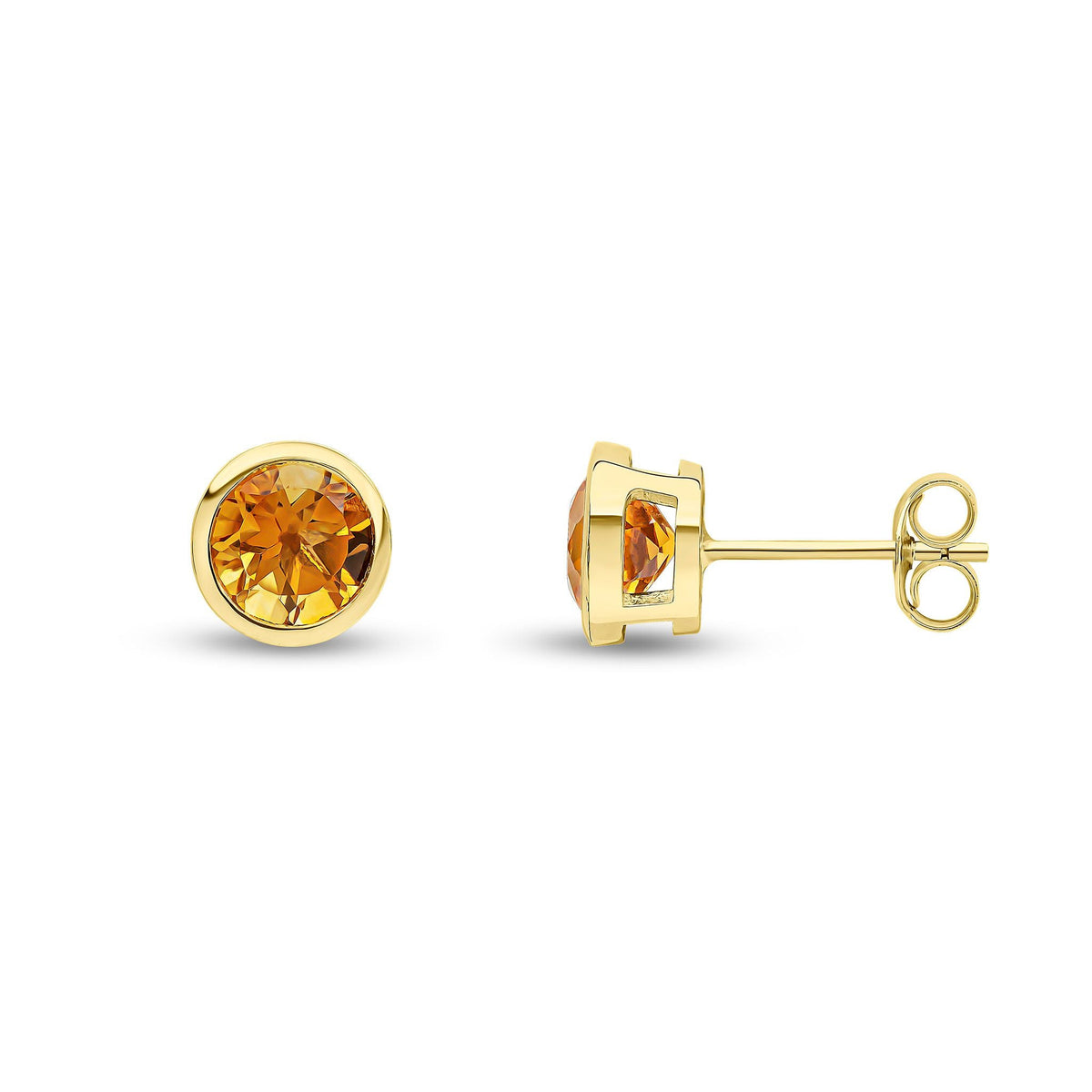 9ct Yellow Gold Round Natural Citrine Rubover Stud Earrings — 6mm