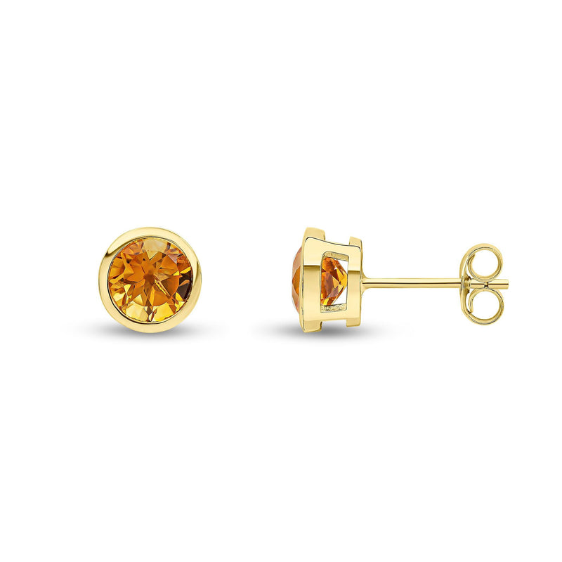 9ct Yellow Gold Round Natural Citrine Rubover Stud Earrings — 6mm