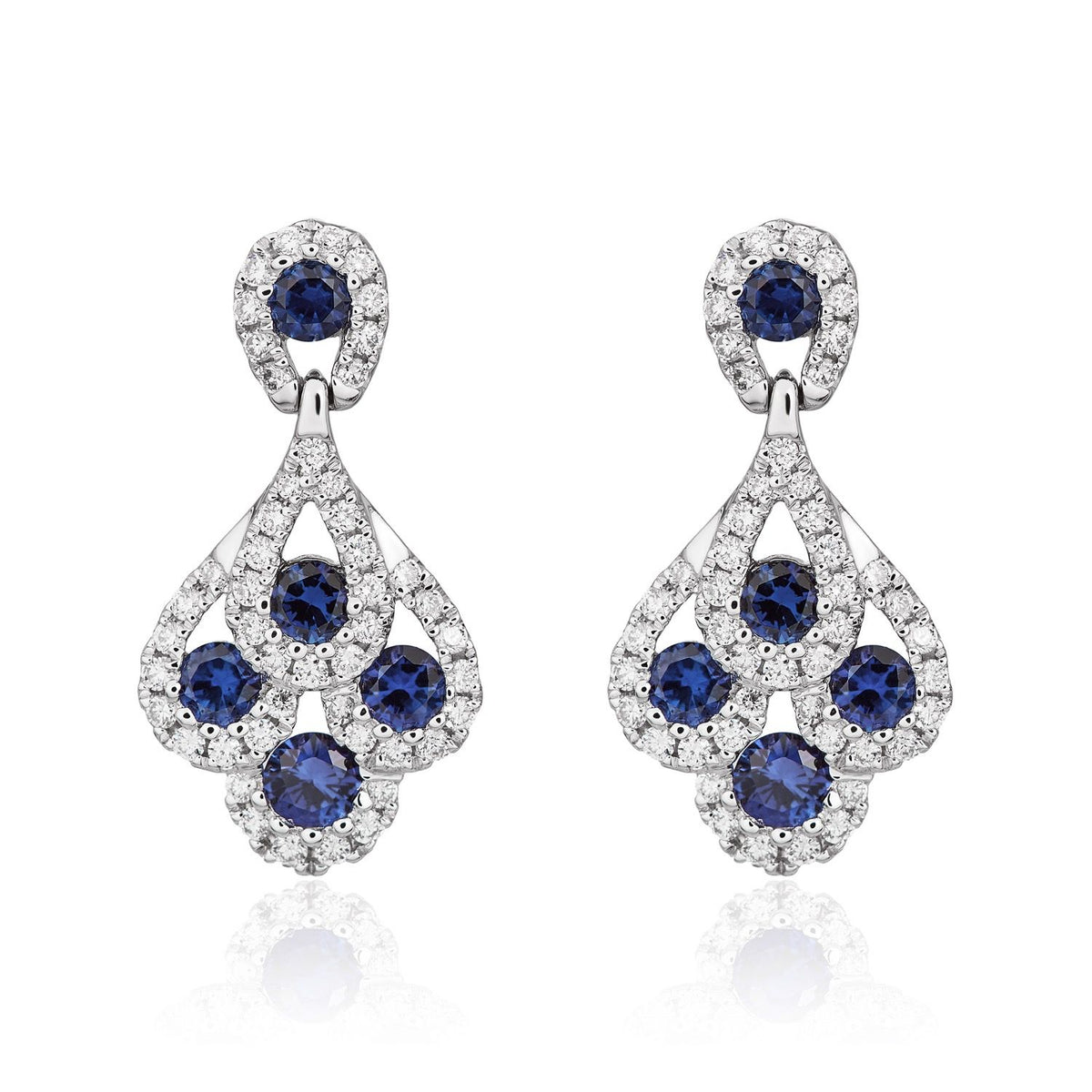 18ct White Gold Natural Sapphire and Diamond Peacock Drop Earrings