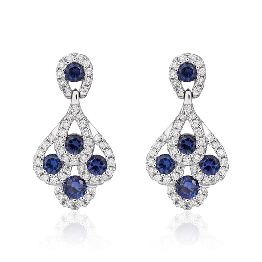 18ct White Gold Natural Sapphire and Diamond Peacock Drop Earrings