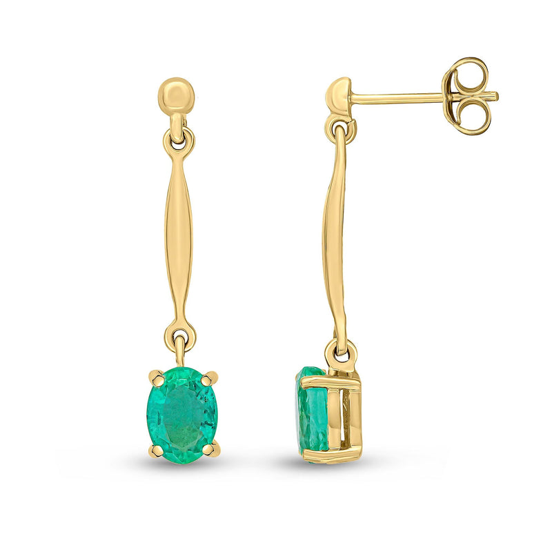 9ct Yellow Gold Oval Natural Emerald Claw Bar Drop Earrings — 7x5mm