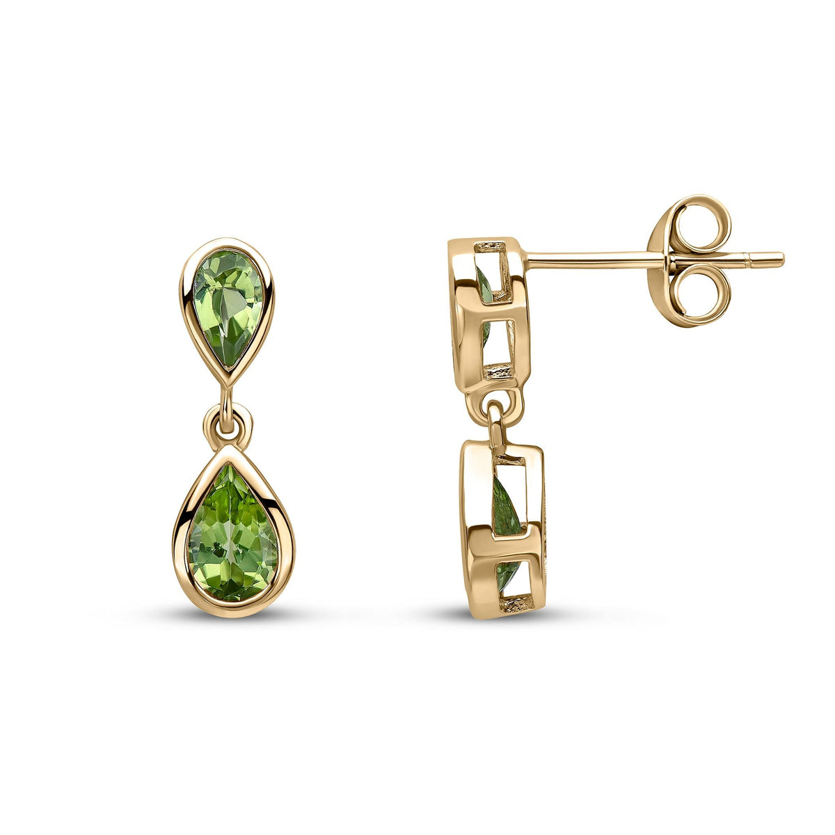 9ct Yellow Gold Pear Shaped Natural Peridot Two Stone Rubover Drop Earrings
