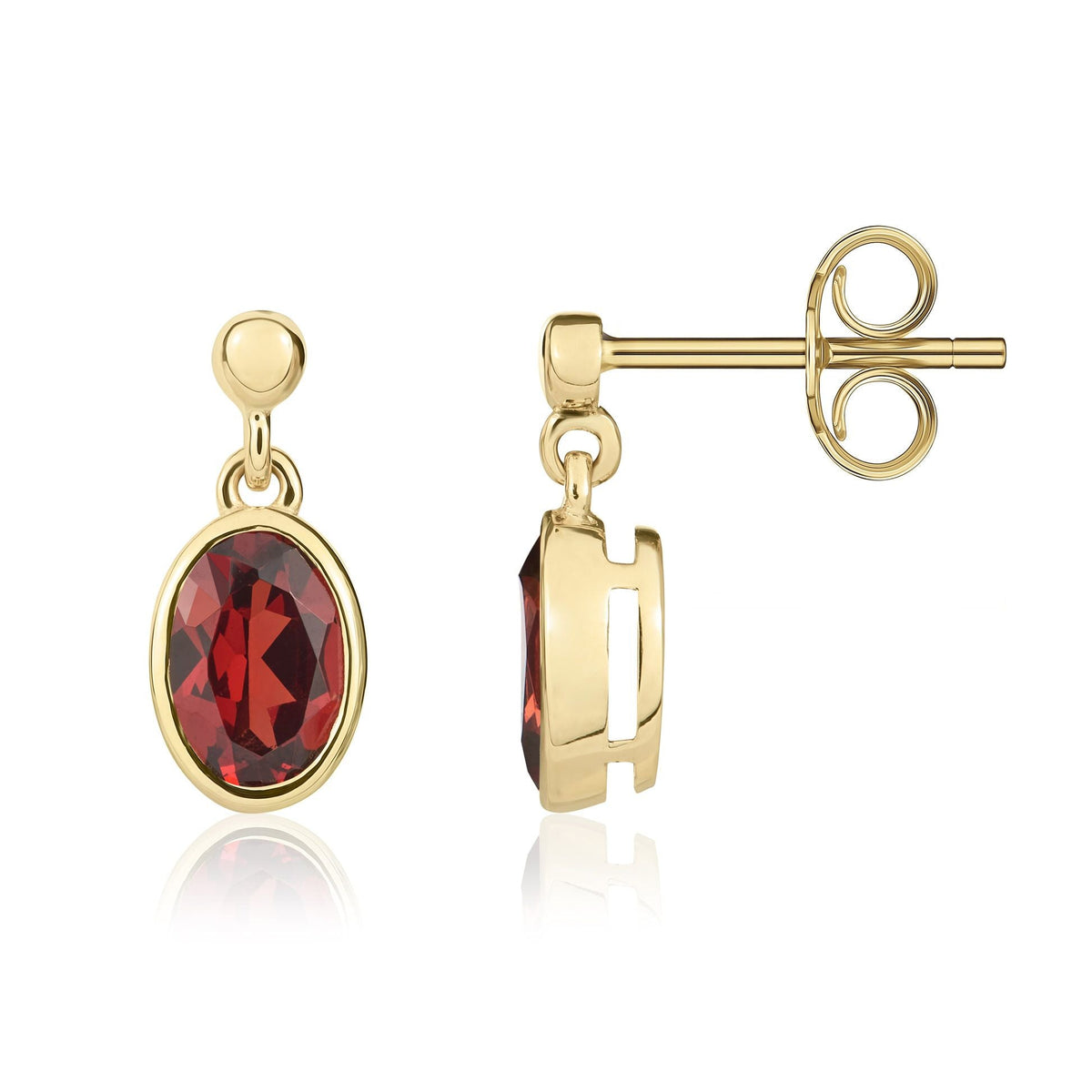 9ct Yellow Gold Oval Natural Garnet Rubover Drop Earrings — 7x5mm