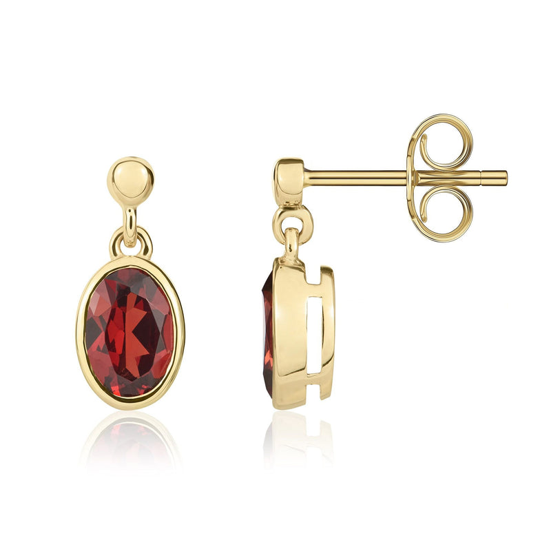 9ct Yellow Gold Oval Natural Garnet Rubover Drop Earrings — 7x5mm