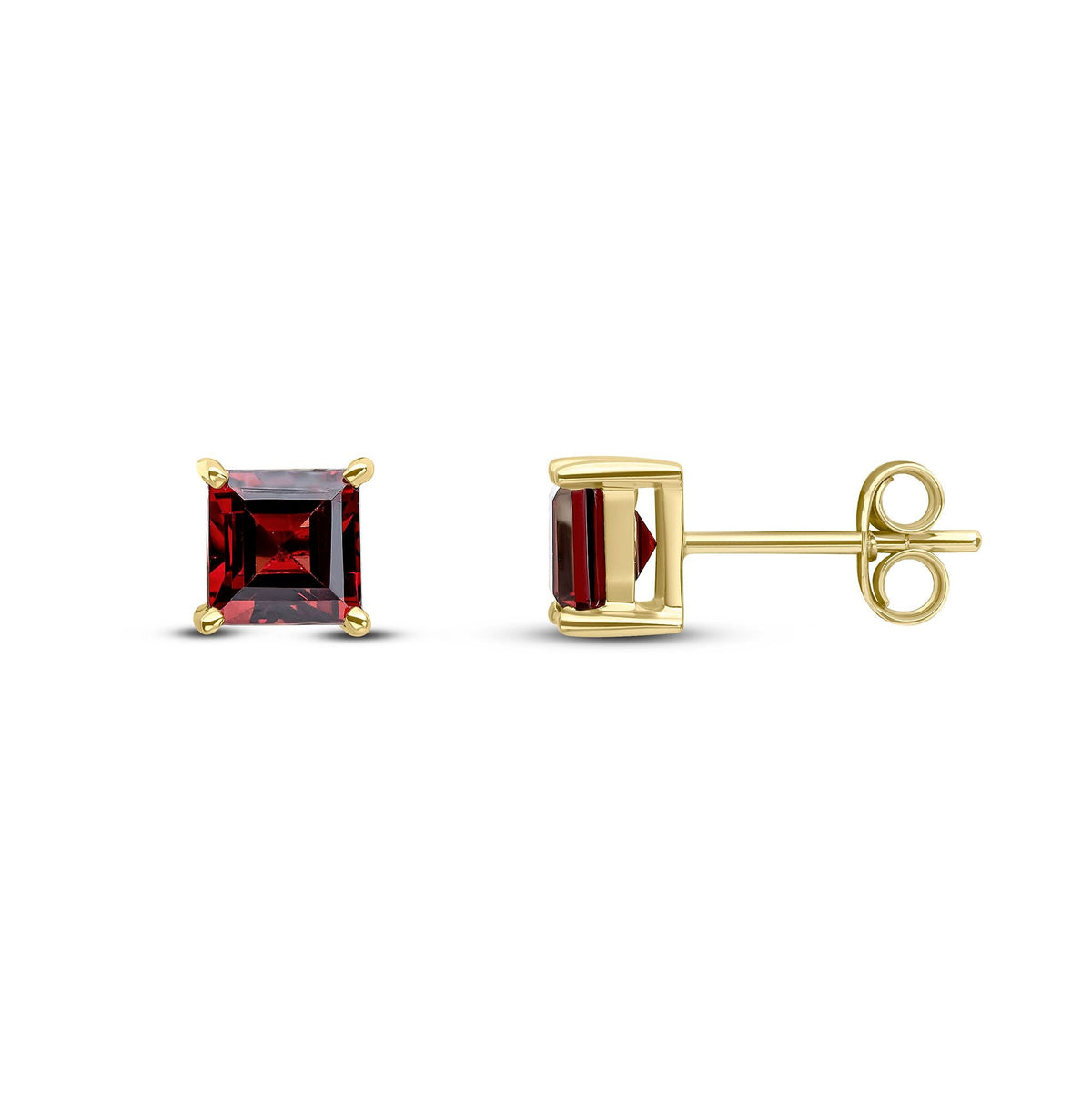 9ct Yellow Gold Square Natural Garnet Claw Stud Earrings — 5mm