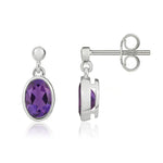 9ct White Gold Oval Natural Amethyst Rubover Drop Earrings — 7x5mm