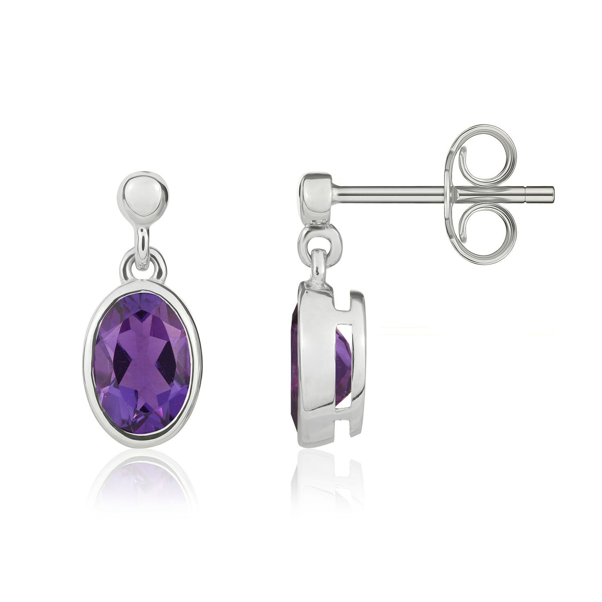9ct White Gold Oval Natural Amethyst Rubover Drop Earrings — 7x5mm