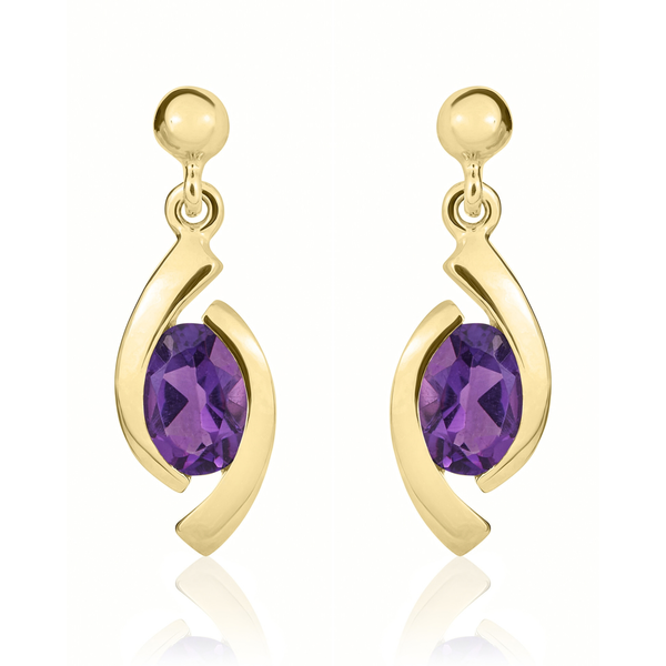 9ct Yellow Gold Oval Natural Amethyst 'Eye' Drop Earrings — 6x4mm