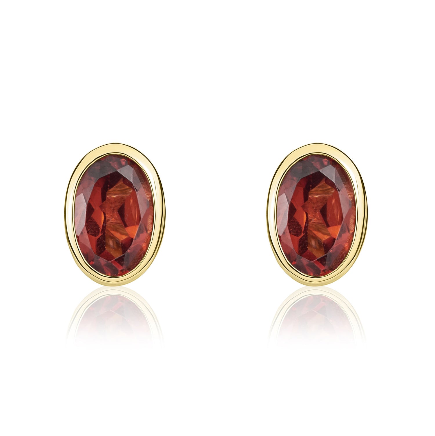 9ct Yellow Gold Oval Natural Garnet Rubover Stud Earrings — 6x4mm