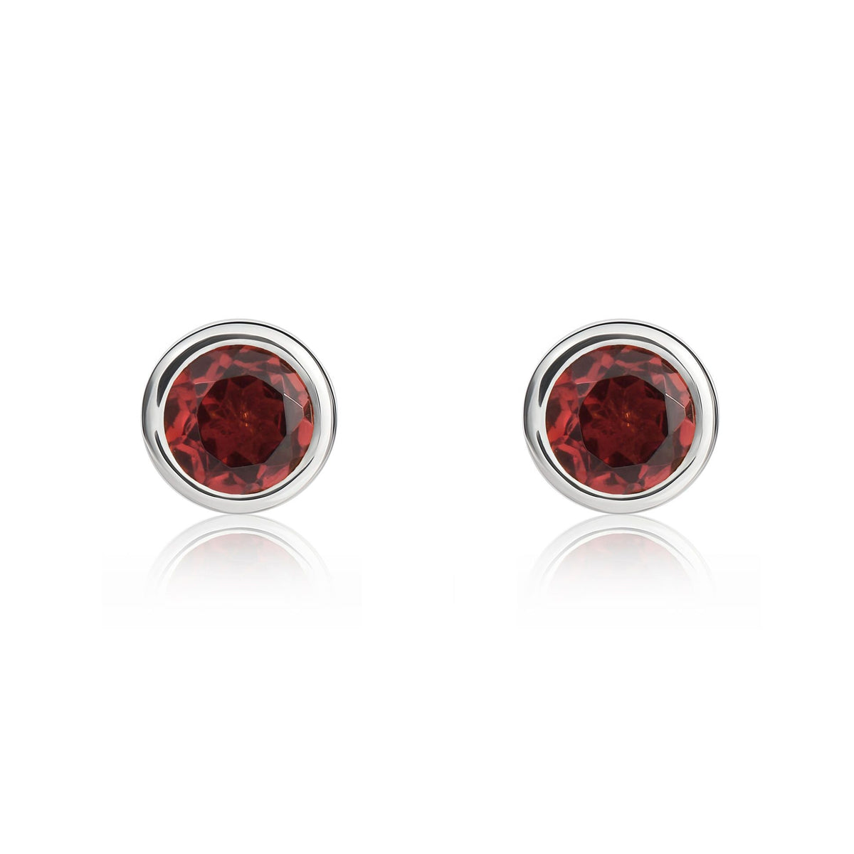 9ct White Gold Round Natural Garnet Rubover Stud Earrings — 4mm