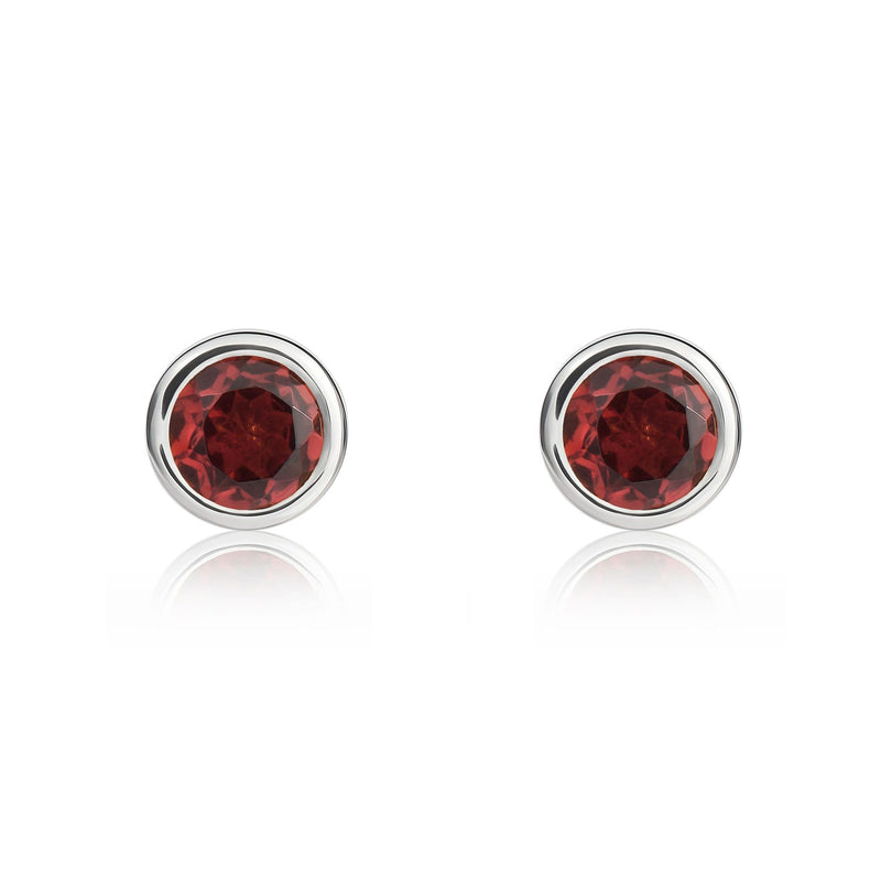 9ct White Gold Round Natural Garnet Rubover Stud Earrings — 4mm