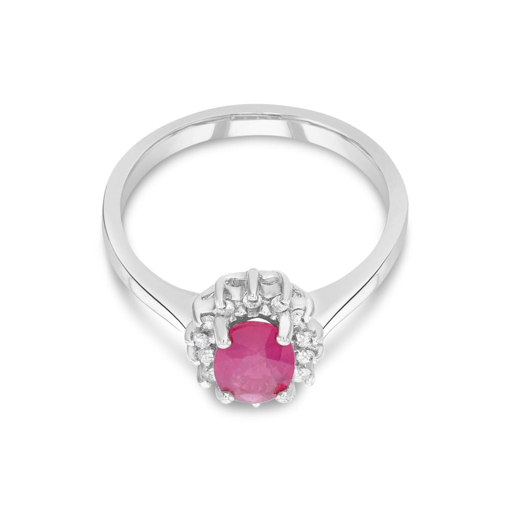 9ct White Gold Oval Natural Ruby and Diamond Claw Set Cluster Ring — 7x5mm