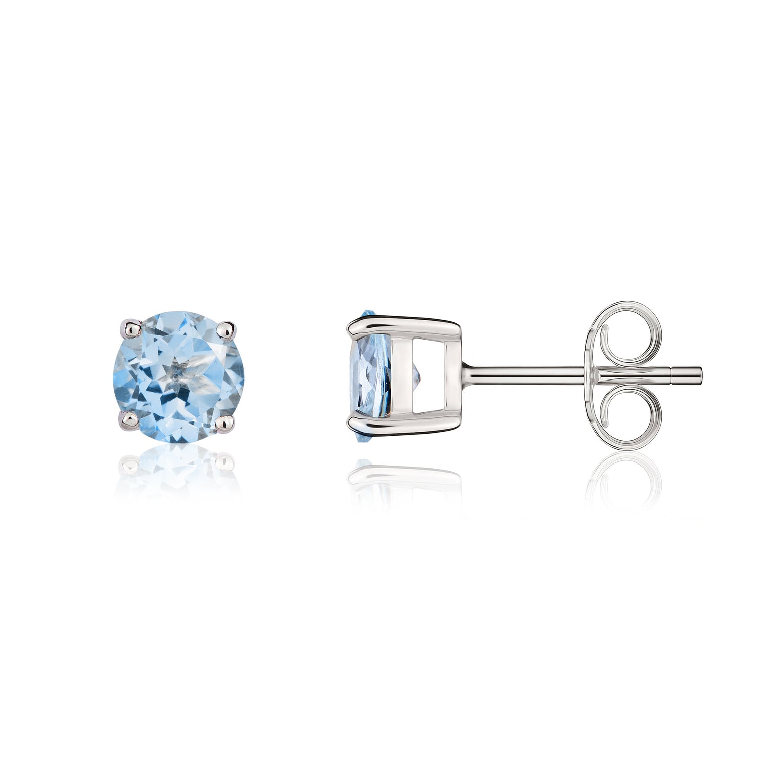 9ct White Gold Round Natural Aquamarine Claw Set Stud Earrings — 5mm