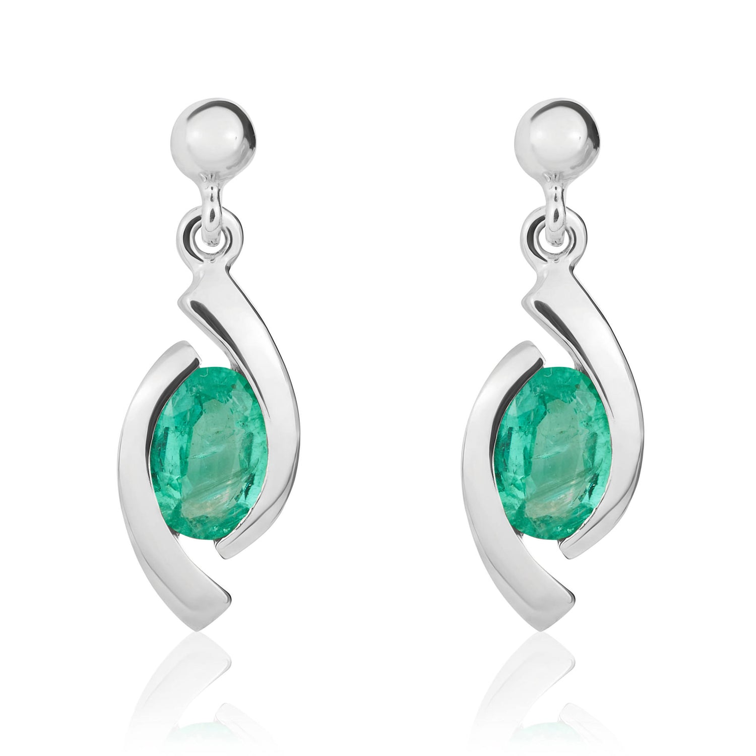 9ct White Gold Oval Natural Emerald 'Eye' Drop Earrings — 6x4mm
