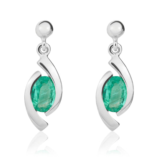 9ct White Gold Oval Natural Emerald 'Eye' Drop Earrings — 6x4mm