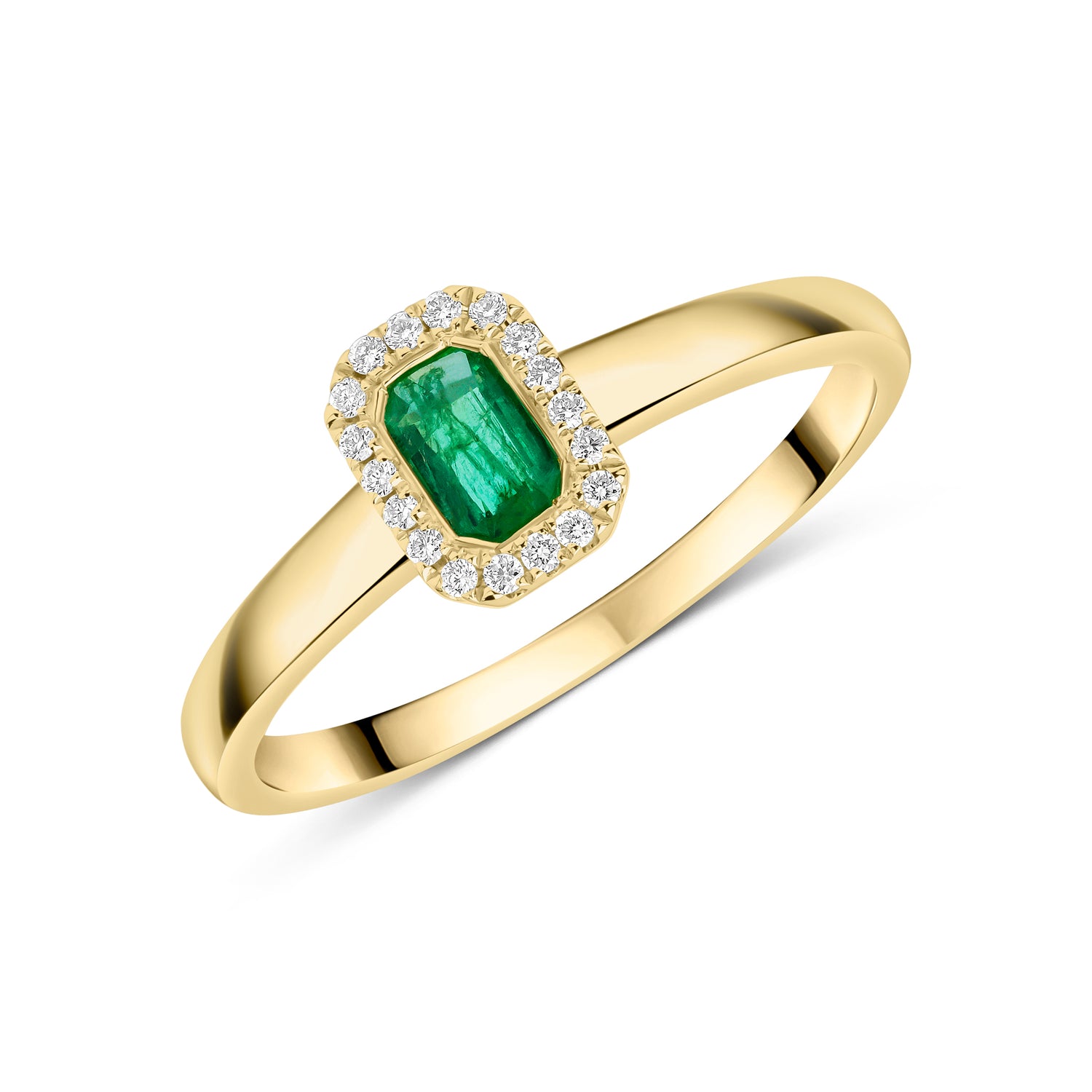 18ct Yellow Gold Emerald Cut Emerald and Diamond Microset Cluster Ring — 5x3mm