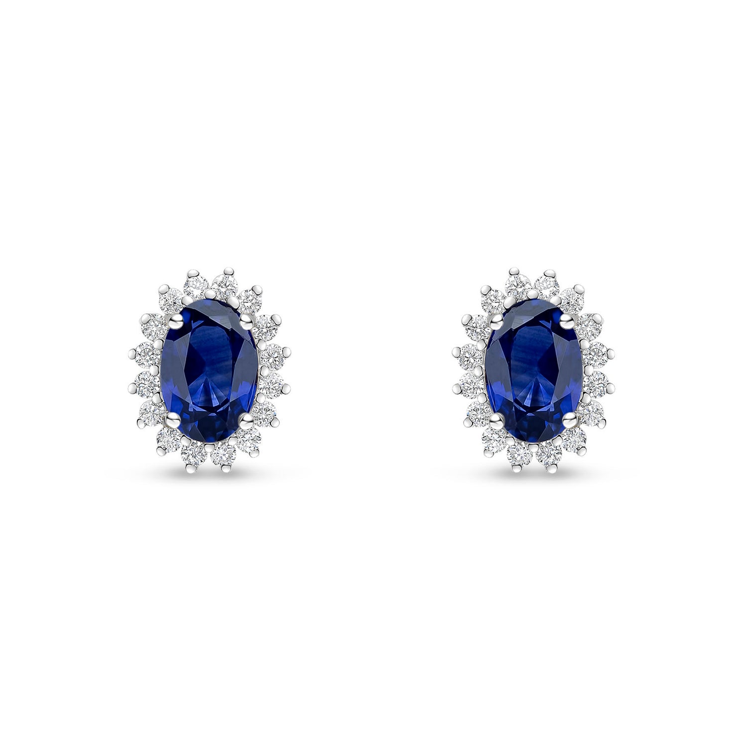 18ct White Gold Oval Natural Sapphire and Round Diamond Claw Set Cluster Stud Earrings — 6x4mm