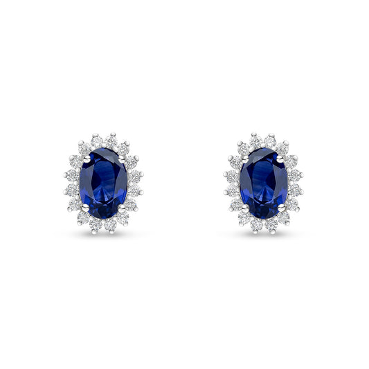 18ct White Gold Oval Natural Sapphire and Round Diamond Claw Set Cluster Stud Earrings — 6x4mm