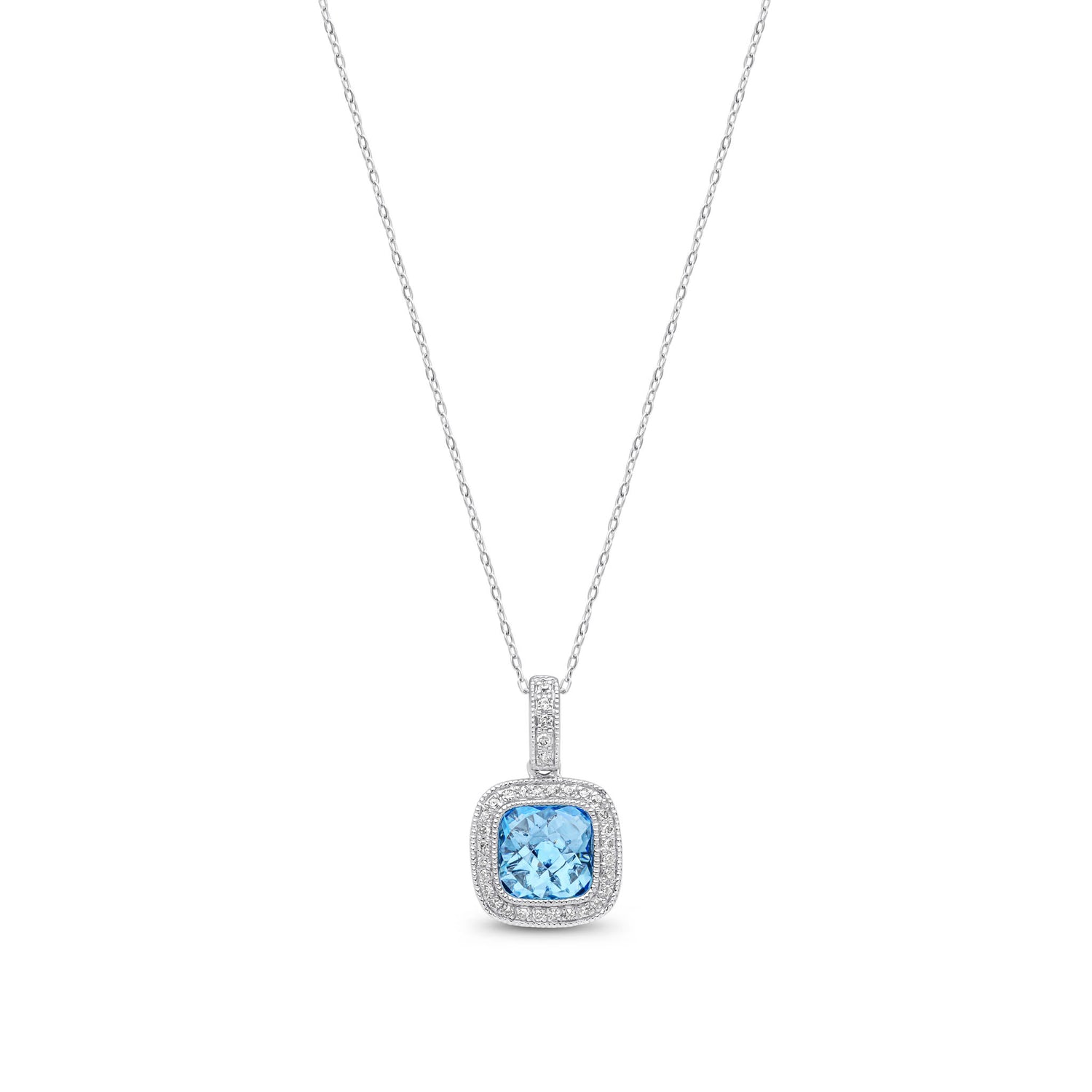 9ct White Gold Cushion Natural Swiss Blue Topaz and Round Diamond Rubover Cluster Pendant